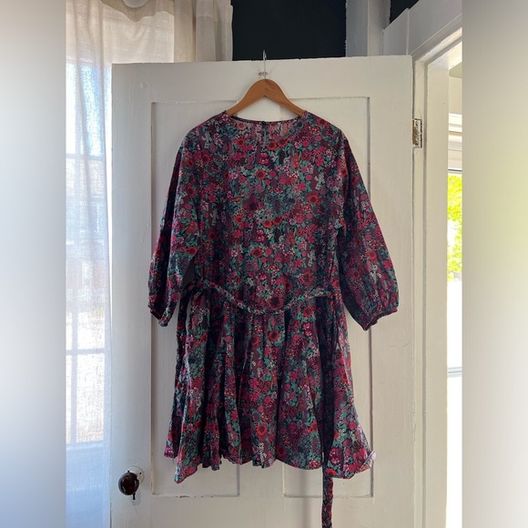 Evereve Sutton Dark Pink Floral Long Sleeve Belted Mini Dress Size Large - Picture 2 of 10